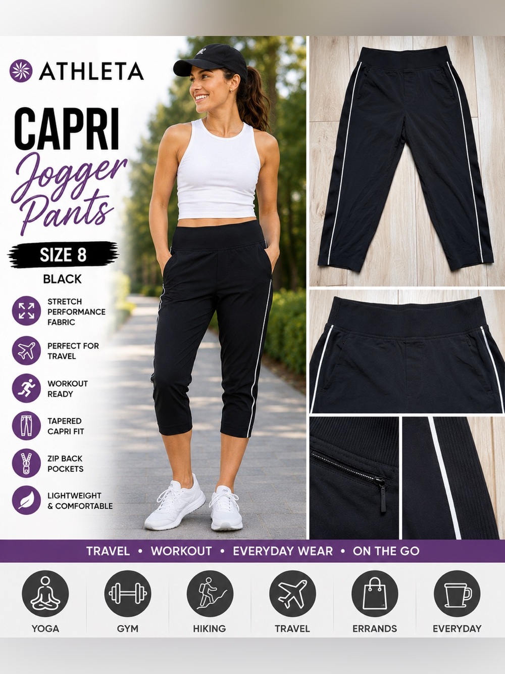 Athleta Black Jogger Pants Size 8 Athletic Travel Stretch Ankle Pants